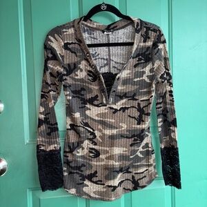 Camo Long Sleeve Top with Lace Accents
